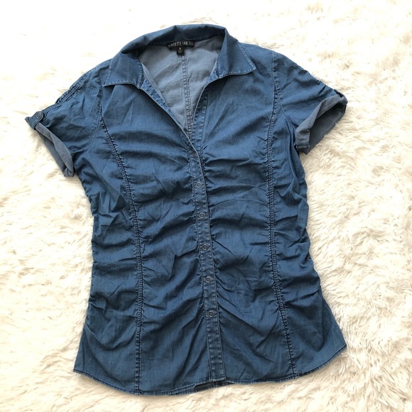 Lafayette 148 New York Tops - LAFAYETTE 148 BUTTON UP CHAMBRAY TOP RUCHED SZ 10